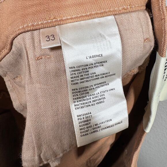 L'Agence 33 Audrey Mid Rise Cut Off Shorts Dark Camel Brown Cotton Blend Pockets - Picture 7 of 7